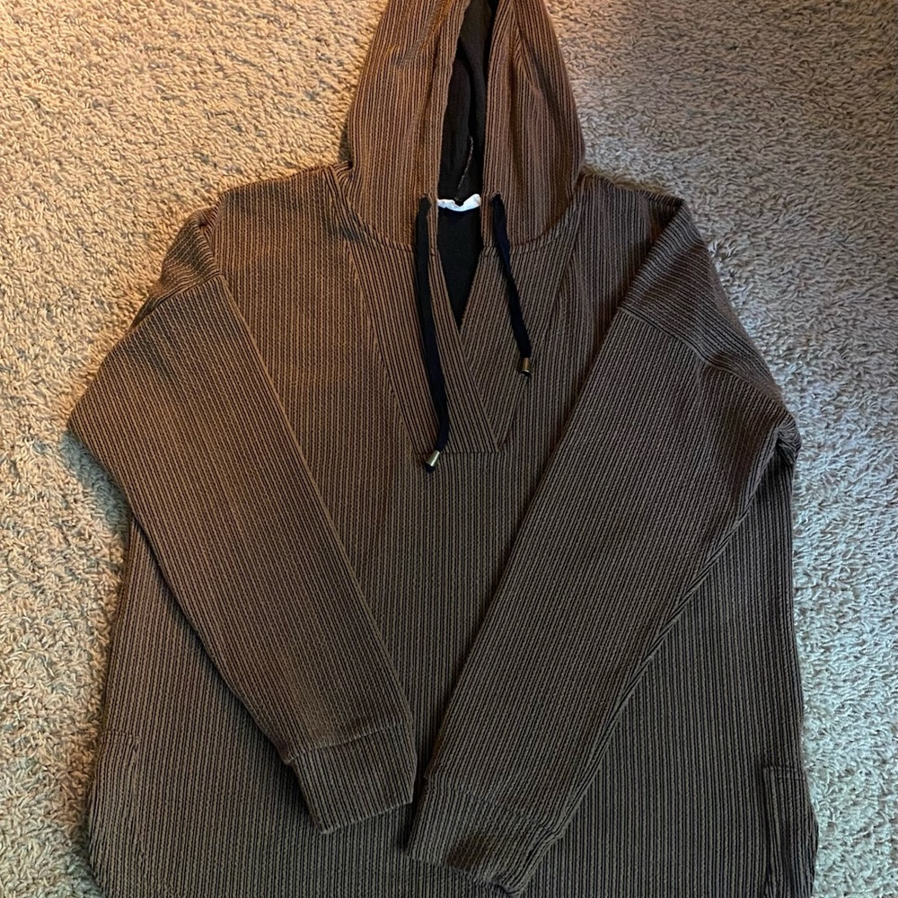 Brown Hooded Ribbed Knit Sweater